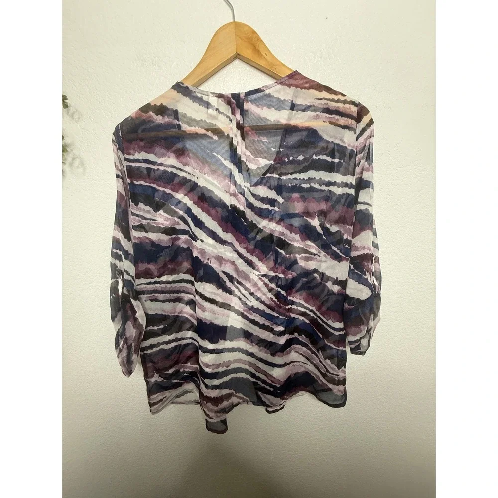 Chicos Women Size 1 Medium Abstract Stripe Sheer Mesh Button Front Blouse Purple
